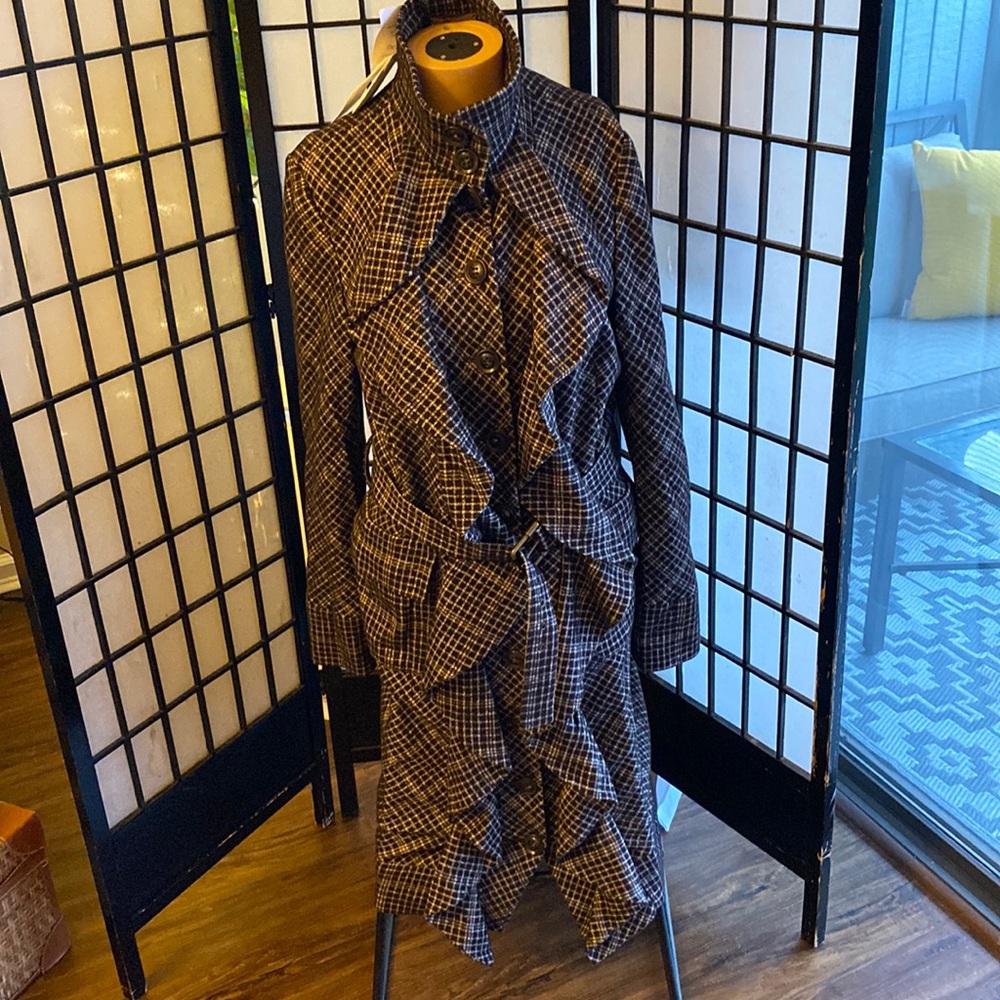 Diane Von Furstenberg DVF Black and Brown Cotton Wool Pea Coat Size 14